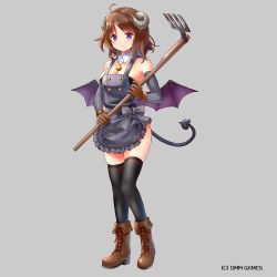 1girl apron bare_shoulders black_thighhighs boots breasts brown_boots brown_gloves brown_hair cleavage collar company_name demon_horns demon_tail demon_wings detached_collar detached_sleeves dmm female_focus full_body gloves grey_background hoe horns large_breasts looking_at_viewer official_art okiru purple_eyes rebless short_hair skindentation smile solo standing tail thighhighs tools white_collar wings