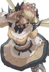 1girl :o absurdres arthropod_girl bee_girl bee_wings bimel_isabella black_bow black_bowtie blonde_hair bow bowtie bright_pupils facial_mark final_fantasy final_fantasy_xiv flower frilled_shirt frilled_skirt frills from_above green_eyes hair_bow hair_flower hair_ornament hand_up heterochromia highres honey_b._lovely hyur insect_girl insect_wings looking_at_viewer medium_hair multicolored_hair shirt simple_background skirt solo standing two-tone_hair white_background white_pupils wings yellow_eyes yellow_shirt yellow_skirt yellow_wings