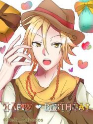 1boy alicein_mikuni blonde_hair box braid cowboy_hat gift gift_box happy_birthday hat heart lowres male_focus orange_eyes reiz_calvados scarf servamp short_hair side_braid yellow_scarf