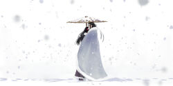 2boys black_boots black_cloak black_hair boots cloak closed_eyes commentary_request fur-trimmed_cloak fur_trim grey_cloak headband high_ponytail highres holding holding_umbrella hug lan_wangji long_hair male_focus modao_zushi multiple_boys oil-paper_umbrella outdoors ponytail snow snowing standing umbrella wei_wuxian white_headband xianduguaitan