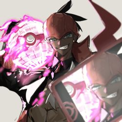 Rule 34 | 1boy, black hair, blue eyes, cellphone, dark-skinned male, dark skin, dreadlocks, dynamax ball, ear piercing, gen 4 pokemon, gloves, grey background, grin, gym leader, holding, holding poke ball, jewelry, male focus, narue, nintendo, orange headwear, phone, piercing, poke ball, pokemon, pokemon (creature), pokemon swsh, raihan (pokemon), rotom, rotom phone, simple background, smile, solo, teeth