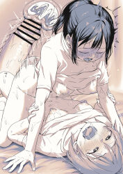 2girls absurdres arched_back ass ayanakitori bad_source bar_censor bed_sheet blush breasts bulge censored clothing_aside erection erection_under_clothes fellatio futa_with_female futanari gym_uniform head_back highres infirmary medium_breasts motion_lines multiple_girls nipples on_bed open_mouth oral original panties panties_aside penis pillow ponytail pussy saliva shirt short_hair shorts spread_legs sweat textless_version underwear