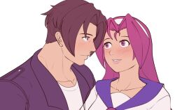 1boy 1girl asamiya_athena black_jacket brown_eyes charlyarts idol jacket kusanagi_kyou pink_hair psycho_soldier purple_eyes purple_hair school_uniform snk staring_at_person the_king_of_fighters the_king_of_fighters_xiii