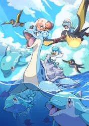 absurdres bagon bright_pupils clobbopus cloud commentary_request day finizen gen_1_pokemon gen_3_pokemon gen_8_pokemon highres kilowattrel lapras nintendo no_humans open_mouth outdoors partially_underwater_shot pokemon pokemon_(creature) pokemon_focus q-chan quaxly riding riding_pokemon silhouette sky tongue water wattrel