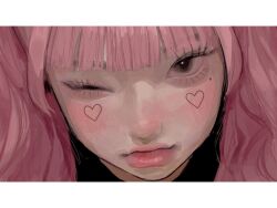 Rule 34 | 1girl, black eyes, blunt bangs, closed mouth, eyelashes, heart, heart tattoo, highres, light blush, looking at viewer, medium hair, mole, mole under eye, one eye closed, original, pillarboxed, pink hair, pink lips, pink theme, solo, tattoo, yudouhu (yudouhu yu 102)