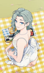 Rule 34 | 1girl, absurdres, aqua eyes, bare back, barefoot, beifeng han, bento, black bow, bow, braid, braided ponytail, breasts, dress, earrings, fangs, floral print, food, from above, grass, green hair, hair bow, hair over shoulder, heart, heart-shaped pupils, highres, jewelry, kanburiya ki, light blush, looking at viewer, looking back, medium breasts, necklace, onigiri, original, outdoors, pearl necklace, petals, picnic, picnic basket, ring, sandwich, sitting, sleeveless, sleeveless dress, smile, symbol-shaped pupils, toe ring, toes, white dress