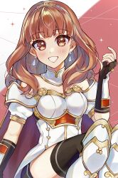 1girl armor black_skirt black_thighhighs breastplate breasts cape celica_(fire_emblem) choker cleavage dress earrings fingerless_gloves fire_emblem fire_emblem_echoes:_shadows_of_valentia gloves highres higuluma jewelry leg_armor long_hair medium_breasts nintendo princess red_eyes red_hair skirt smile thighhighs tiara white_armor white_dress