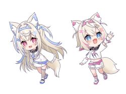 Rule 34 | 2girls, :d, animal ear fluff, animal ears, arm up, belt, belt buckle, black collar, blue belt, blue eyes, blue hair, blue hairband, breasts, brown socks, brown thighhighs, buckle, chibi, collar, comiket 106, crop top, dog ears, dog girl, dog tail, dress, fake horns, fishnet socks, fishnet thighhighs, fishnets, frilled shorts, frilled sleeves, frills, fuwawa abyssgard, fuwawa abyssgard (1st costume), hair ornament, hairband, hairclip, highres, hololive, hololive english, horns, kadose ara, long hair, long sleeves, medium breasts, midriff, mococo abyssgard, mococo abyssgard (1st costume), multicolored hair, multiple girls, navel, open mouth, pink belt, pink eyes, pink hair, pink hairband, shirt, shoes, short sleeves, shorts, simple background, single thighhigh, sleeves past fingers, sleeves past wrists, smile, socks, streaked hair, tail, thighhighs, two side up, very long hair, virtual youtuber, white background, white dress, white shirt, white shoes, white shorts, x hair ornament