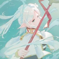 1girl absurdres blue_background cape frieren gensou_getsumen_rt highres holding holding_staff long_hair pointy_ears solo sousou_no_frieren staff twintails white_cape white_hair