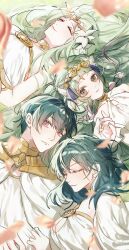 1boy 3girls akitsu_123 alternate_costume blue_hair breasts female_byleth_(fire_emblem) male_byleth_(fire_emblem) cleavage closed_eyes closed_mouth commentary_request dress fire_emblem fire_emblem:_three_houses fire_emblem_heroes flower green_eyes hair_between_eyes hair_flower hair_ornament highres long_hair lying medium_breasts multiple_girls nintendo official_alternate_costume petals pointy_ears purple_eyes rhea_(aura_of_love)_(fire_emblem) rhea_(fire_emblem) short_hair smile sothis_(aura_of_love)_(fire_emblem) sothis_(fire_emblem) twintails very_long_hair white_dress white_flower