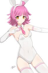 1girl ahoge animal_ears armpits bare_shoulders blunt_bangs blunt_ends blush breasts card commentary covered_navel cowboy_shot detached_collar elbow_gloves expressionless fake_animal_ears gloves gluteal_fold highres holding holding_card leotard looking_at_viewer love_live! love_live!_nijigasaki_high_school_idol_club medium_hair necktie pink_hair pink_necktie rabbit_ears rina-chan_board shadow sidelocks small_breasts solo tennoji_rina thighhighs thighs white_background white_gloves white_leotard white_thighhighs yellow_eyes yunite68