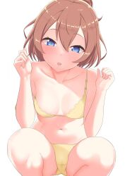 1girl bikini blue_eyes blush bra breasts brown_hair collarbone hair_between_eyes half-closed_eyes hamata_(hensachisun) hands_up heart heart-shaped_pupils highres hinata_chinatsu looking_at_viewer navel ongeki open_mouth panties short_hair sitting small_breasts solo squatting striped_background striped_bra striped_clothes swimsuit symbol-shaped_pupils underwear white_background yellow_bikini yellow_bra yellow_panties