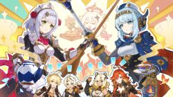Rule 34 | 2boys, 4girls, aether (genshin impact), android, animal ears, armor, bennett (adventures in blazing hue) (genshin impact), bennett (genshin impact), biker clothes, bikesuit, black bodysuit, black gloves, blonde hair, blue cape, blue eyes, blue hair, bodysuit, braid, breasts, brown gloves, brown hood, brown shirt, cape, closed mouth, cup, earrings, fingerless gloves, flower, genshin impact, gloves, gradient hair, green eyes, grey hair, hair between eyes, hair flower, hair ornament, highres, holding, holding plate, holding teapot, ineffa (genshin impact), jacket, jaguar ears, jewelry, joints, long hair, maid headdress, mavuika (genshin impact), mechanical arms, medium breasts, multicolored hair, multiple boys, multiple girls, noelle (genshin impact), official alternate costume, official art, open mouth, orange eyes, orange hair, paimon (genshin impact), plate, red flower, red hair, red rose, robot, robot ears, robot girl, robot joints, rose, second-party source, shirt, short hair, sidelocks, smile, suitchi (gn4othi61), teacup, teapot, two-tone hair, very long hair, white hair, xilonen (genshin impact), yellow eyes