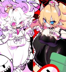 2girls black_dress blonde_hair blue_eyes boo_(mario) bowsette bracelet breasts cleavage collar dress fire_flower grin highres horns industrial_pipe jewelry large_breasts looking_at_viewer luigi&#039;s_mansion mario_(series) multiple_girls new_super_mario_bros._u_deluxe nintendo pink_eyes ponytail princess_king_boo ribbon sharp_teeth smile spiked_bracelet spiked_collar spikes super_crown teeth tongue tongue_out usa37107692 white_dress white_hair