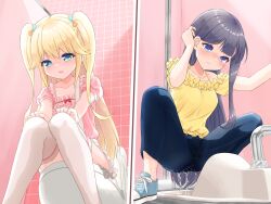 2girls absurdres aqua_eyes arm_up black_hair blonde_hair blue_eyes blue_footwear blue_pants blush bow breasts closed_mouth collarbone commission cross-laced_footwear denim dress embarrassed female_focus flat_chest frilled_shirt frilled_shorts frills from_below fujisawa_yuzu hair_bow hair_flaps hand_up hands_on_own_knees highres indoors jeans knees_together_feet_apart leaning_forward long_hair looking_down misumi_aoi multiple_girls nose_blush off-shoulder_dress off_shoulder ongeki open_mouth pants pee peeing peeing_self pink_background pink_shirt puffy_short_sleeves puffy_sleeves raised_eyebrows public_restroom shirt shirt_tucked_in shoes short_shorts short_sleeves shorts sidelocks sitting skeb_commission small_breasts spread_legs squat_toilet squatting suspender_shorts suspenders tears thighhighs tile_wall tiles toilet_stall toilet_use two_side_up urabe_miyabi wet_pants white_shorts white_thighhighs yellow_shirt