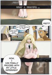 1boy 1girl barefoot blonde_hair dark-skinned_male dark_skin feet female_focus femdom foot_focus green_eyes lusamine_(pokemon) nail_polish nekoyokai_(felfurblank) nintendo pokemon pokemon_sm professor_kukui restrained smell soles steam steaming_body toenail_polish toenails toes