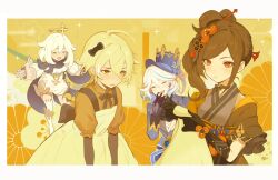 1boy 3girls aether_(genshin_impact) ahoge black_bow black_gloves black_ribbon blonde_hair blue_hair blue_shirt bow brown_hair chiori_(genshin_impact) closed_eyes closed_mouth commentary crossdressing dress embarrassed english_commentary flower flying frown furina_(genshin_impact) genshin_impact gloves hair_bow hair_flower hair_ornament hair_stick highres ibispaint_(medium) japanese_clothes kimono long_hair long_sleeves minecraft multicolored_hair multiple_girls open_mouth paimon_(genshin_impact) red_eyes red_flower ribbon robe shirt short_hair sidelocks smile teeth the_aether_(minecraft) trap upper_teeth_only white_dress white_hair white_robe white_shirt yayo_the_jowen yellow_kimono