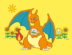 bright_pupils charizard claws closed_mouth commentary_request fang fang_out fire flame-tipped_tail flower gen_1_pokemon gen_2_pokemon gen_7_pokemon holding holding_pokemon looking_down nintendo no_humans official_art pokemon pokemon_(creature) pokemon_focus rowlet standing sun sunflora sunflower sweatdrop tail yellow_background