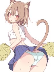 1girl animal_ear_fluff animal_ears ass bent_over blue_skirt blush breasts brown_hair butt_crack cat_ears cat_girl cat_tail cheerleader cowboy_shot crop_top dot_nose flat_ass from_behind hair_between_eyes highres holding holding_pom_poms looking_at_viewer looking_back median_furrow medium_hair miniskirt namou_(namorton09) open_mouth original panties pleated_skirt pom_pom_(cheerleading) pom_poms red_eyes shirt simple_background skirt sleeveless sleeveless_shirt small_breasts solo sweat tail underwear upskirt white_background white_panties white_shirt