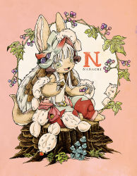 1other :3 acorn animal_ears brown_fur character_name creature creature_on_head fake_horns food fruit full_body furry green_eyes grey_hair hatching_(texture) helmet holding holding_acorn holding_food holding_fruit horns leaf looking_at_viewer lower_teeth_only made_in_abyss mixed_media multicolored_eyes mushroom nanachi_(made_in_abyss) neritantan open_mouth other_focus pants peeking_out pink_background plant_request pouch puffy_pants red_pants short_hair_with_long_locks sitting smile solo tail teeth topless_other traditional_media tree_stump tsumiki_yuu yellow_eyes
