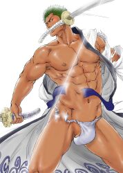 Rule 34 | 1boy, abs, adam&#039;s apple, attack trail, bara, bare pectorals, bulge, dark-skinned male, dark skin, feet out of frame, frown, green hair, groin, highres, japanese clothes, kimono, large pectorals, looking at viewer, male focus, muscular, muscular male, nagurareusagi, navel, nipples, one piece, pectorals, roronoa zoro, scar, scar across eye, scar on face, shaved body, short hair, solo, split screen, standing, stomach, thick thighs, thighs, torn clothes, torn fundoshi, triple wielding, white kimono
