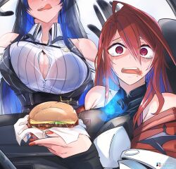 Rule 34 | 2girls, absurdres, against glass, ahoge, asymmetrical horns, black hair, blue fire, blue hair, blush, breasts, burger, car interior, cleavage, colored inner hair, elizabeth rose bloodflame, fire, food, highres, holding, holding burger, holding food, hololive, hololive english, horns, licking lips, long hair, meme, multicolored hair, multiple girls, nerissa ravencroft, open mouth, red eyes, red hair, tears, the raineman, tongue, tongue out, two-tone hair, very long hair, virtual youtuber, woman scared of breasts (meme)