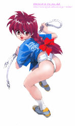 Rule 34 | 1girl, archived source, ass, bare legs, bent over, blue shirt, bow, braid, character request, copyright request, from behind, full body, fundoshi, hair ribbon, holding, holding rope, japanese clothes, legs apart, looking back, messy hair, open mouth, red bow, red eyes, red hair, retro artstyle, ribbon, rope, shibata masahiro, shirt, shoes, short hair, simple background, single braid, socks, solo, tress ribbon, watermark, web address, white background, white socks, wispy bangs