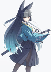 1girl absurdres animal_ear_fluff animal_ears aqua_jacket black_hair black_pantyhose black_skirt blunt_bangs breasts fox_ears fox_girl high-waist_skirt highres holding holding_sword holding_weapon hoshimi_miyabi jacket katana kuromo_(kuromokurom) large_breasts long_hair looking_at_viewer open_clothes open_jacket pantyhose red_eyes shirt skirt solo sword weapon white_background white_shirt zenless_zone_zero