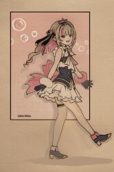 Rule 34 | 1girl, artist name, asymmetrical footwear, back ribbon, bare arms, black corset, black gloves, black ribbon, black vest, blunt bangs, boots, bow, bowtie, bubble, collared shirt, colored inner hair, corset, cropped vest, drill hair, drop shadow, frilled ribbon, frilled shirt, frilled skirt, frilled sleeves, frills, from side, full body, fur-trimmed gloves, fur trim, gloves, gold trim, grey hair, hair intakes, hair ornament, hair ribbon, heart, high heel boots, high heels, highres, idol clothes, jewelry, layered skirt, long hair, looking at viewer, makaino ririmu, miniskirt, mismatched footwear, multicolored hair, nijisanji, nijisanji idol uniform, official alternate costume, open clothes, open mouth, open vest, pink brooch, pink fur, pink hair, pink ribbon, pointy ears, rabbit hair ornament, red eyes, ribbon, sakurabou37, sepia, shirt, sidelocks, skirt, smile, solo, streaked hair, thigh strap, tiara, two side up, vest, virtual youtuber, walking, white bow, white bowtie, white fur, white shirt, white skirt