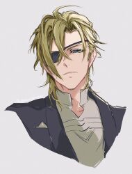 1boy alternate_costume black_jacket blonde_hair blue_eyes closed_mouth collared_shirt commentary commentary_request cropped_shoulders crossed_bangs dimitri_alexandre_blaiddyd dimitri_alexandre_blaiddyd_(timeskip) english_commentary eyepatch fire_emblem fire_emblem:_three_houses formal_clothes frown hair_behind_ear hair_between_eyes highres jacket lapels male_focus mixed-language_commentary narrowed_eyes nintendo one_eye_covered open_clothes open_collar open_jacket shirt short_sideburns simple_background sketch solo suit_jacket umi_(_oneinchswing) white_shirt