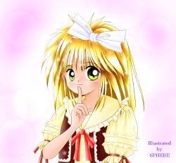 1990s_(style) 1girl artist_name bad_id blonde_hair blush bow bowtie brown_vest closed_mouth commentary_request dated_commentary frilled_shirt_collar frills green_eyes hair_bow index_finger_raised long_hair looking_at_viewer lowres original pink_background red_bow red_bowtie retro_artstyle shirt smile solo sphere_(lr-project) upper_body vest white_bow yellow_shirt