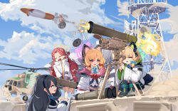 Rule 34 | 4girls, absurdres, aircraft, animal ear headphones, animal ears, aris (blue archive), black hair, blonde hair, blue archive, blue necktie, fake animal ears, firing, game development department (blue archive), halo, headphones, helicopter, highres, jacket, midori (blue archive), military, momoi (blue archive), multiple girls, necktie, siblings, sisters, twins, xg epee, yuzu (blue archive)