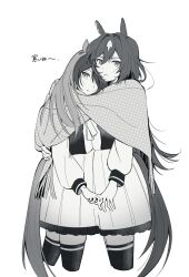 2girls :| animal_ears closed_mouth cropped_legs greyscale hair_between_eyes hair_over_one_eye hand_on_another&#039;s_back heads_together highres holding_hands horse_ears horse_girl horse_tail ka_(page_013) leaning_on_person long_hair long_sleeves looking_at_viewer monochrome multiple_girls pleated_skirt school_uniform serafuku shawl shirt simple_background sirius_symboli_(umamusume) skirt symboli_rudolf_(umamusume) tail thighhighs tracen_school_uniform umamusume white_background winter_uniform yuri zettai_ryouiki