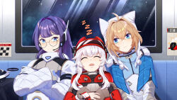 Rule 34 | 3girls, ahoge, blonde hair, blue eyes, clara (honkai: star rail), closed eyes, closed mouth, color-les, commentary, crossed arms, english commentary, english text, fingernails, group picture, hand up, hat, highres, honkai: star rail, honkai (series), long hair, looking at another, lynx landau, multiple girls, open mouth, pale skin, pela (honkai: star rail), purple hair, red hat, round eyewear, short hair, sleeping, smile, split mouth, upper body, white hair, white hat, zzz