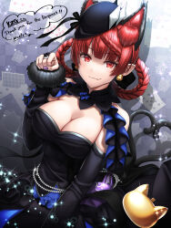 1girl alternate_costume alternate_hairstyle animal_ear_fluff animal_ears black_dress black_headwear blunt_bangs breasts cat_ears cat_girl cat_tail cleavage commission detached_collar dress earrings english_text fur_sleeves highres jewelry kaenbyou_rin large_breasts long_sleeves looking_at_viewer mitama_mudimudi pointy_ears poker purple_nails red_eyes red_hair ring skeb_commission smile solo tail teeth touhou touhou_lostword