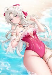 Rule 34 | 1girl, absurdres, ahoge, aqua eyes, bare shoulders, blush, bow, breasts, carlotta (splashing summer) (wuthering waves), carlotta (wuthering waves), casual one-piece swimsuit, closed mouth, commentary, covered navel, frilled one-piece swimsuit, frills, grey hair, groin, hair bow, hand on own chest, hand up, highleg, highleg one-piece swimsuit, highres, long hair, looking at viewer, lying, medium breasts, off-shoulder one-piece swimsuit, off shoulder, official alternate costume, on back, one-piece swimsuit, parted bangs, pink bow, pink one-piece swimsuit, shore, sinonomemikann, smile, solo, striped bow, swimsuit, thigh gap, thighs, very long hair, wuthering waves