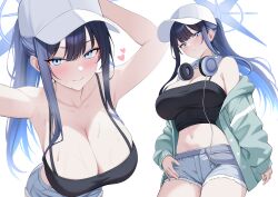 1girl armpits arms_up baseball_cap black_camisole black_hair blue_archive blue_eyes blue_hair blue_halo breasts camisole closed_mouth commentary cutoffs denim denim_shorts english_commentary espada_gcon halo hat headphones headphones_around_neck heart highres jacket large_breasts long_hair midriff multicolored_hair multiple_views off_shoulder ponytail saori_(blue_archive) saori_(swimsuit)_(blue_archive) short_shorts shorts simple_background smile sweat two-tone_hair very_long_hair white_background white_hat