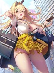 1girl amesuku_gyaru animal_print aviator_sunglasses bag black_bag blonde_hair blue_bow blue_sky bow bra bra_peek bracelet breasts cellphone choker clothes_around_waist coin dambang eyewear_hang fang goddess_of_victory:_nikke gold_nails gold_panties green_eyes gyaru hair_ornament hairclip highres jacket jacket_around_waist jewelry kogal large_breasts leopard_print long_hair multiple_bracelets necklace panties panty_peek phone rabbit_hair_ornament rupee_(nikke) shirt shopping_bag skirt sky smartphone solo striped_clothes striped_shirt sunglasses thick_thighs thighs underwear unworn_eyewear victory_pose