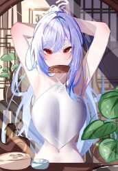 1girl absurdres alternate_costume armpits arms_behind_head arms_up blue_hair breasts comb commentary english_commentary highres honkai:_star_rail honkai_(series) jingliu_(honkai:_star_rail) large_breasts long_hair looking_at_viewer mouth_hold narrow_waist navel red_eyes shirt sitting solo stomach tying_hair very_long_hair voi_271 white_shirt