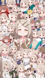 &gt;_&lt; 3girls ^_^ absurdres blonde_hair blush breakdance brown_hair camisole closed_eyes collage collarbone colored_eyelashes command_spell commentary_request denim denim_shorts earrings exhausted fake_facial_hair fake_mustache flipped_hair gakuen_idolmaster hanami_ume hatsuboshi_gakuen_school_uniform highres idolmaster interlocked_fingers jacket jewelry kuramoto_china long_hair looking_at_viewer multiple_girls multiple_views mummy_costume orange_eyes own_hands_together purin_a_la_mode_(popup) robe rope_belt santa_costume school_uniform shinosawa_hiro shorts smile stud_earrings sweat swept_bangs track_jacket very_long_hair white_camisole white_robe