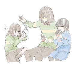 Rule 34 | 3others, androgynous, blue shorts, blue sweater, blush, bob cut, brown hair, brown shoes, brown shorts, candy, chara (undertale), chocolate, chocolate bar, closed eyes, collared sweater, deltarune, eating, fighting, food, frisk (undertale), green sweater, hanamuraugk, highres, holding, holding food, holding knife, invisible chair, jitome, knife, kris (deltarune), medium hair, multiple others, no mouth, other focus, red eyes, shaded face, shoes, short hair, shorts, simple background, sitting, striped clothes, striped sweater, sweater, two-tone sweater, undertale, utdr (toby fox), watercolor effect, white background, yellow sweater