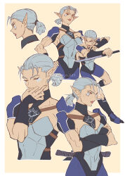 1girl breasts crossed_arms facial_mark grey_hair highres impa lips medium_breasts multiple_views ninjatou nintendo pointy_ears ponytail red_eyes sheikah short_ponytail short_sword sword takapon-o-ji the_legend_of_zelda the_legend_of_zelda:_ocarina_of_time toned toned_female vambraces weapon whistling