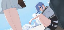 2girls absurdres black_leotard black_shorts blue_eyes blue_hair brown_bag candy character_name character_request cloud commentary copyright_name cropped_shirt dutch_angle food highres hololive hololive_dance_practice_uniform hoshimachi_suisei hoshinoan leotard leotard_under_clothes lollipop multiple_girls shirt shoes shorts t-shirt virtual_youtuber white_shirt
