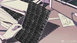 1girl cable corallo fingernails hand_focus hand_on_table highres holding holding_paper ink len&#039;en long_sleeves monitor object_focus paper paper_stack shadow shitodo_hoojiro solo watermark weibo_watermark white_sleeves