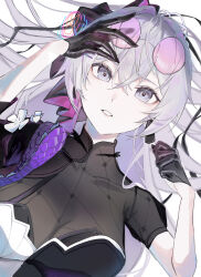 absurdres black_gloves breasts bronya_zaychik bronya_zaychik_(heart_of_the_night) bronya_zaychik_(silverwing:_n-ex) collarbone commentary_request dress gloves grey_eyes grey_hair gu_1951 hair_between_eyes hair_ornament highres honkai_(series) honkai_impact_3rd long_hair official_alternate_costume parted_lips pink_pupils purple-tinted_eyewear short_sleeves sunglasses teeth tinted_eyewear upper_body