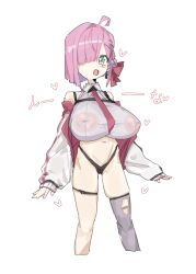 1girl alternate_breast_size breasts covered_erect_nipples crop_top hair_ornament hair_over_one_eye heart himemori_luna himemori_luna_(streetwear) hololive huge_breasts inverted_nipples jacket large_areolae leebo_(leeboxxx) leggings looking_at_viewer monster_girl necktie official_alternate_costume open_mouth panties parted_bangs pink_hair school_uniform see-through_clothes see-through_shirt shirt skinny slime_girl thigh_gap thong tie transparent underwear virtual_youtuber
