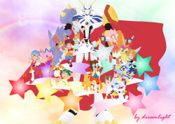 3girls 5boys angemon birdramon digimon digimon_(creature) fdreamlight garurumon glasses greymon ikkakumon ishida_yamato izumi_koshiro kabuterimon kido_jo multiple_boys multiple_girls omegamon tachikawa_mimi tailmon takaishi_takeru takenouchi_sora togemon yagami_hikari yagami_taichi