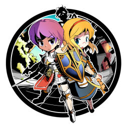 Rule 34 | 1boy, 1girl, arch bishop (ragnarok online), armor, armored boots, black shoes, black thighhighs, blonde hair, blue dress, blue eyes, boots, breastplate, bush, chainmail, closed mouth, commentary request, dress, fishnet thighhighs, fishnets, full body, hairband, holding, holding shield, holding staff, holding sword, holding weapon, looking at viewer, open mouth, purple eyes, purple hair, ragnarok online, raydric, red hairband, red tabard, rune knight (ragnarok online), sconce, shield, shoes, short hair, spiked pauldrons, staff, standing, sword, tabard, thighhighs, torch, ushiro hayahiro, weapon, white background