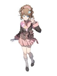1girl :3 ankle_socks black_jacket black_ribbon black_shoes blue_eyes brown_hair cat_princess chinese_commentary closed_mouth collared_shirt commentary_request finger_to_cheek frilled_jacket frilled_ribbon frilled_socks frills full_body fur-trimmed_jacket fur-trimmed_sleeves fur_trim hair_ornament hair_scrunchie hairclip heart heart_hair_ornament heart_print highres infinity_nikki jacket knees loafers long_sleeves looking_at_viewer medium_hair miniskirt necktie nikki_(series) pink_arm_warmers pink_scrunchie pink_shirt pink_skirt pleated_skirt ponytail rainbow_hair_ornament red_necktie ribbon ribbon-trimmed_jacket scrunchie shirt shoes simple_background skirt smile socks solo star_(symbol) star_hair_ornament swept_bangs tachi-e waist_ribbon wavy_hair white_background white_socks y2k_fashion