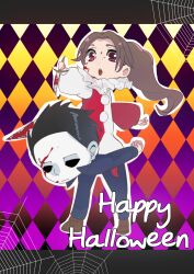 1boy 1girl 1kouj1_yaeko 2019 age_difference blood brown_hair child clown_costume english_text female halloween_(movie) happy_halloween height_difference highres holding holding_knife jamie_lloyd knife male michael_myers older_man_and_younger_girl red_eyes size_difference spiderweb uncle_and_niece white_mask